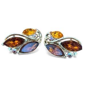 Vintage Signed Star AB & Smokey Quartz Citrine Color Rhinestone Clip On Earrings